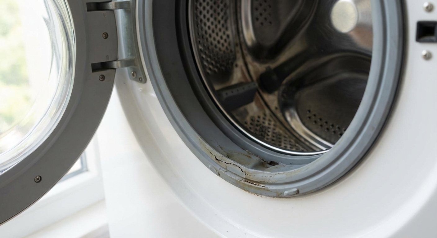 A real close-up photo of a front-load washing machine door opening showing the rubber gasket seal with visible wear near the bottom edge, natural indoor lighting
