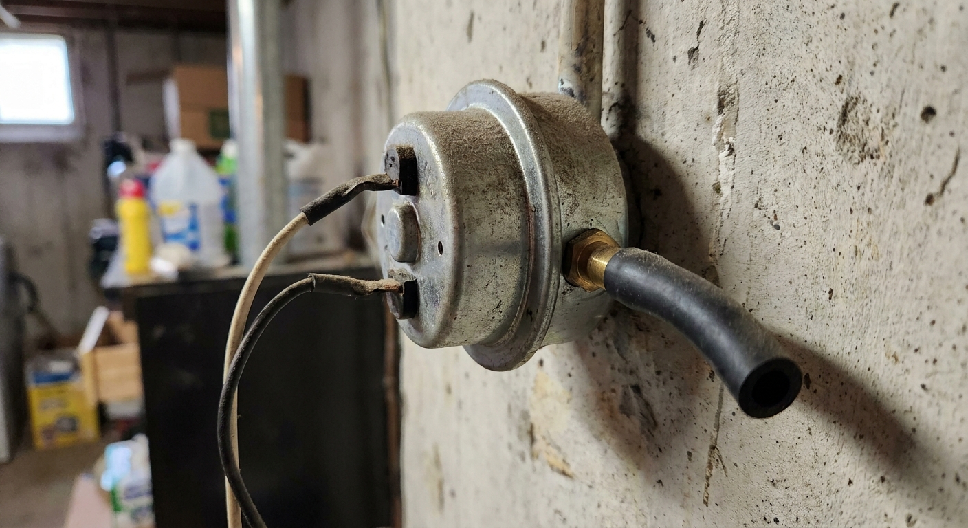 A real close-up photo of a furnace pressure switch with a small rubber vacuum hose connected to the switch nipple inside a utility room