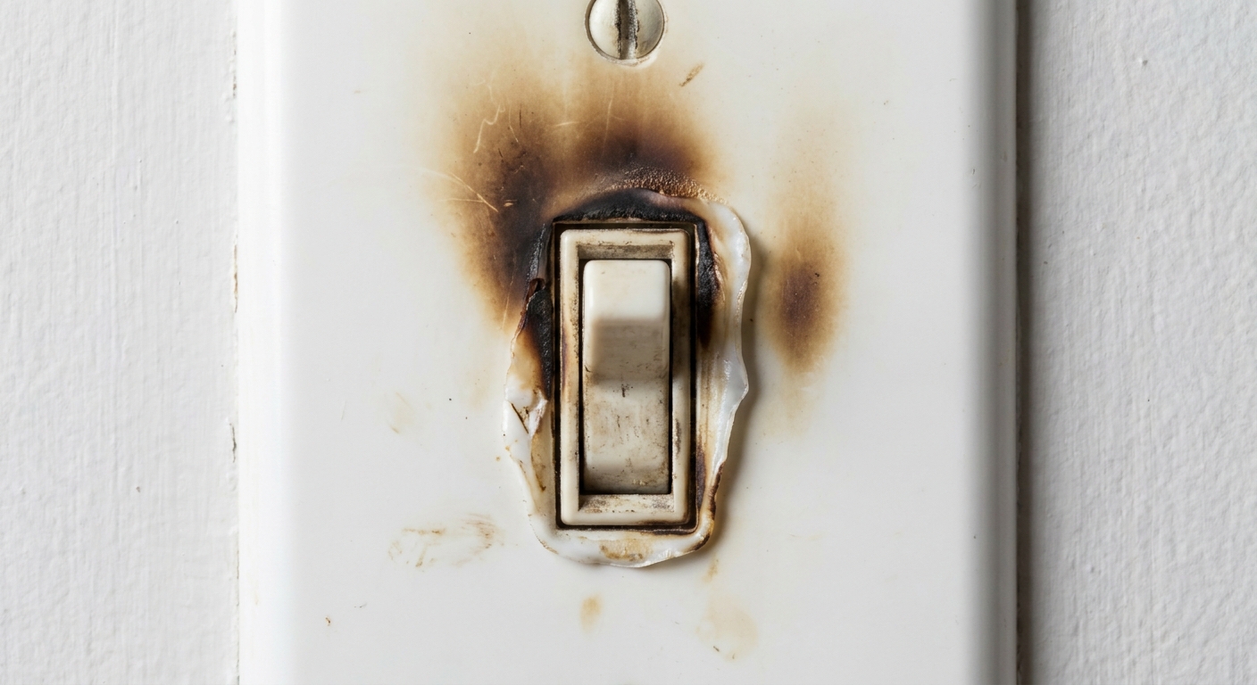 A real close-up photo of a light switch cover plate with visible brown scorch marks and slight melting around the switch opening on an interior drywall wall