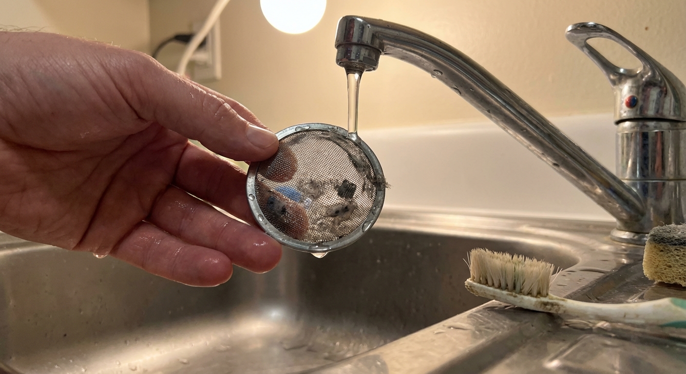 A real close-up photo of a person holding a small mesh inlet screen filter from a washing machine over a sink, with water droplets and a toothbrush nearby, indoor lighting