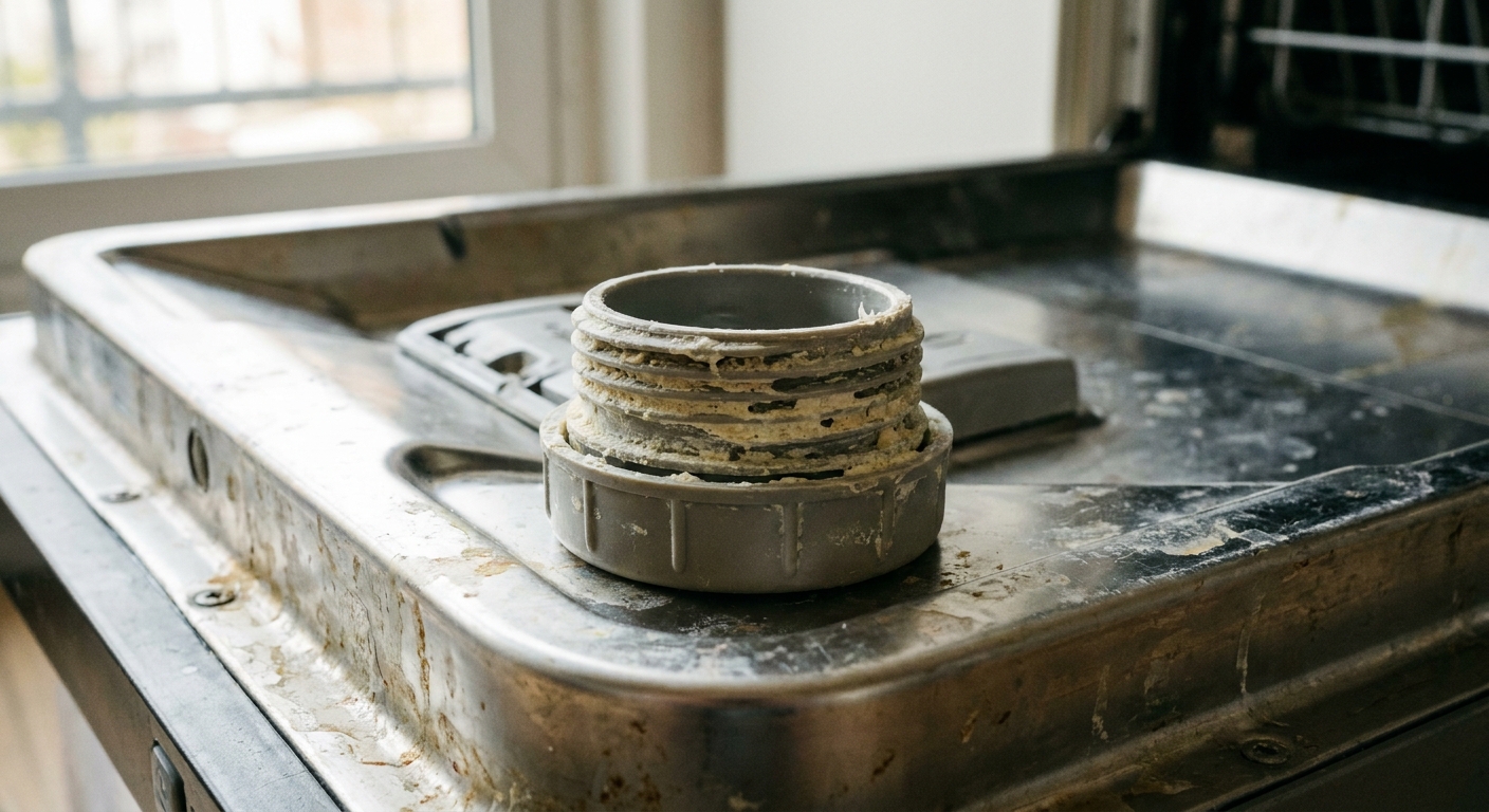 A real close-up photo of a rinse aid dispenser cap removed from a dishwasher door, showing the cap threads and a light buildup of dried residue
