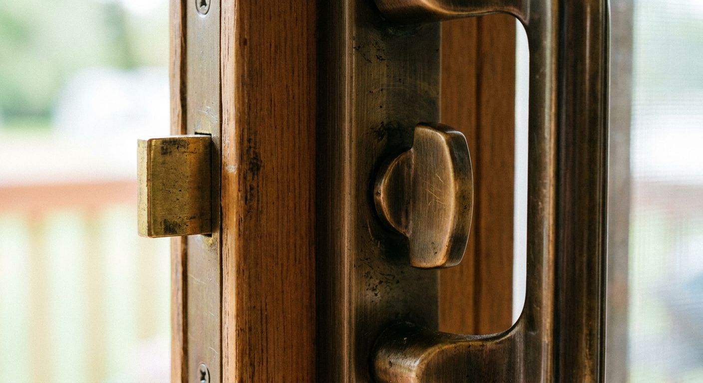 A real close-up photo of a sliding patio door handle with a thumbturn, showing the rectangular latch bolt extended from the door edge