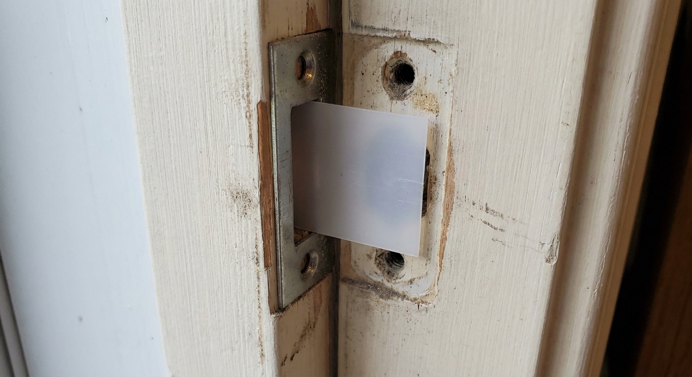 A real close-up photo of a sliding patio door jamb showing a keeper removed with a thin plastic shim placed behind it