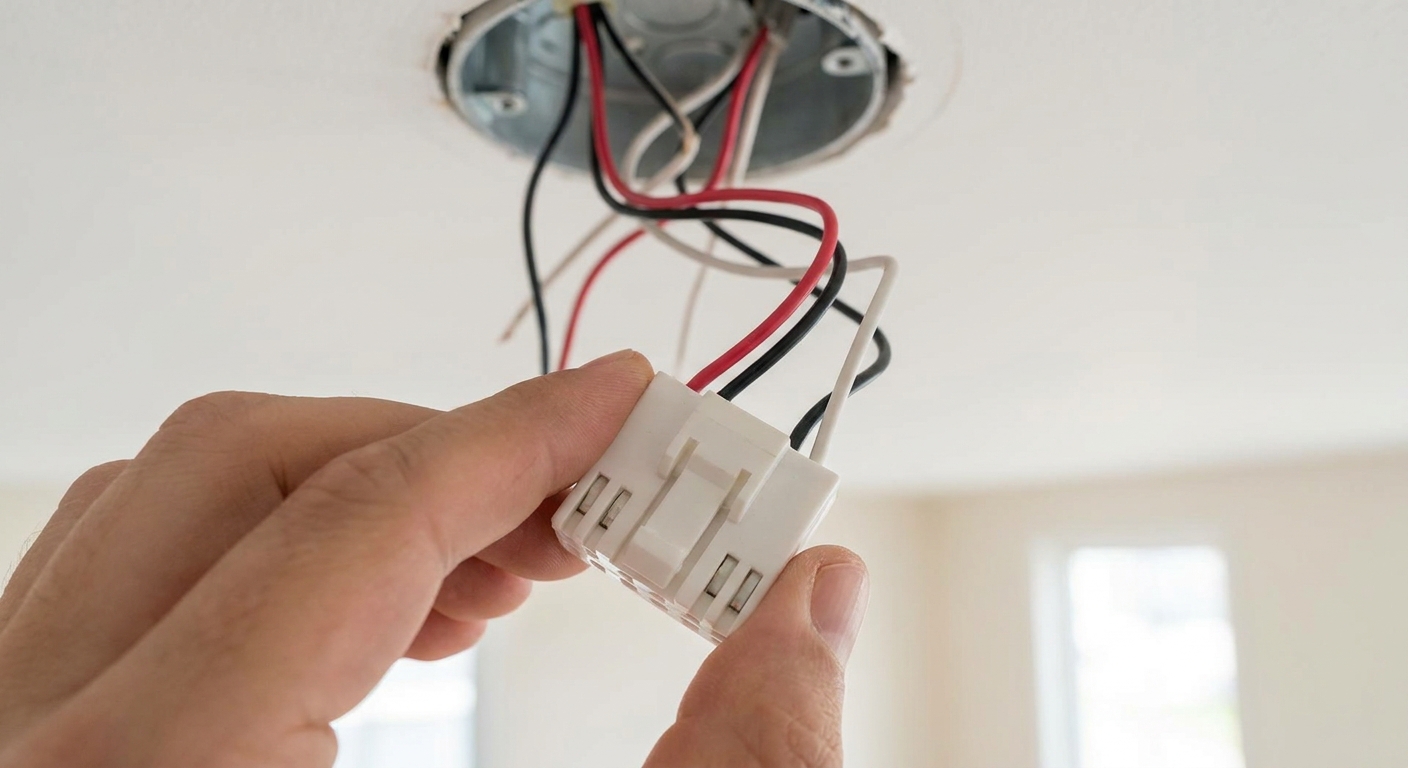 A real close-up photo of a smoke detector wiring harness plug in a homeowner’s hand with ceiling box wires blurred in the background