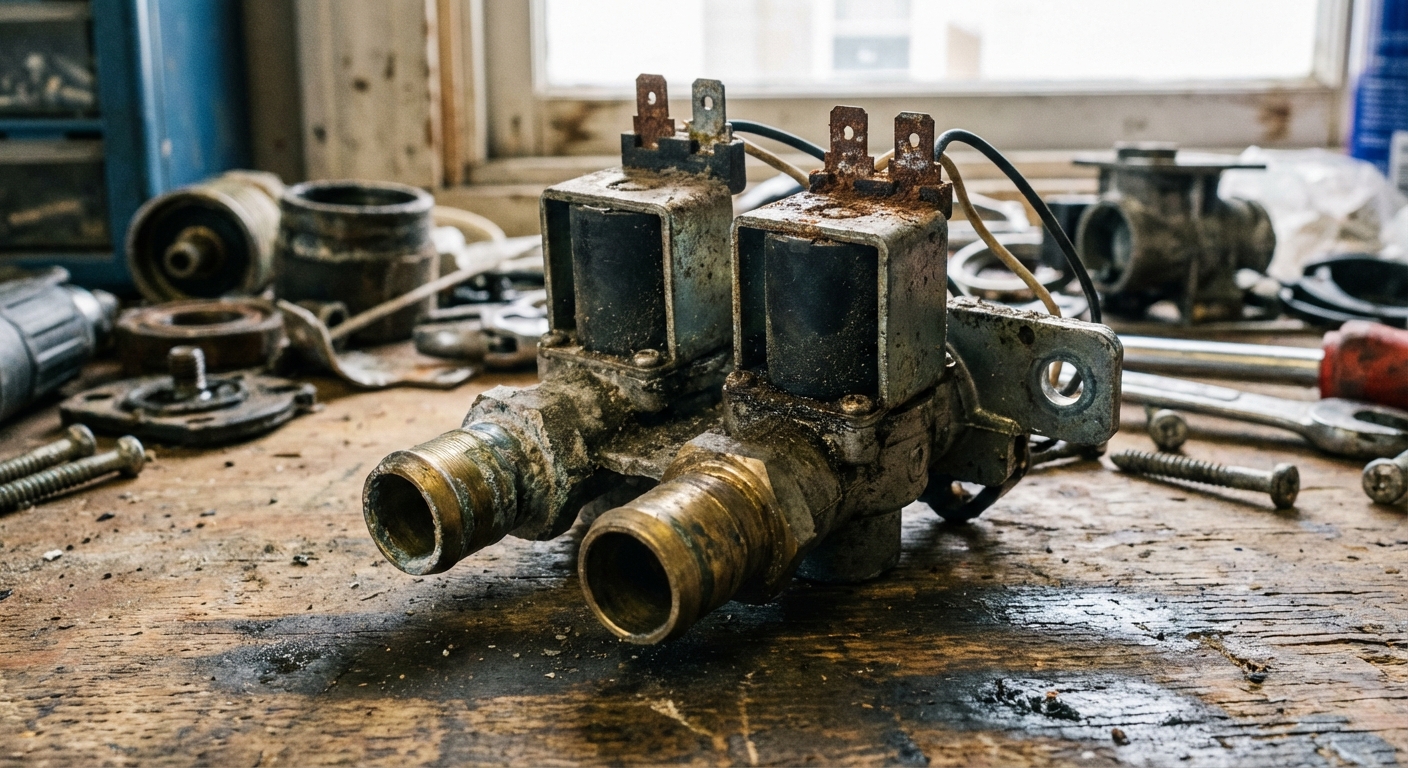 A real close-up photo of a washing machine water inlet valve assembly removed from the back of a washer, with two hose ports and electrical connectors visible, placed on a workbench in a garage