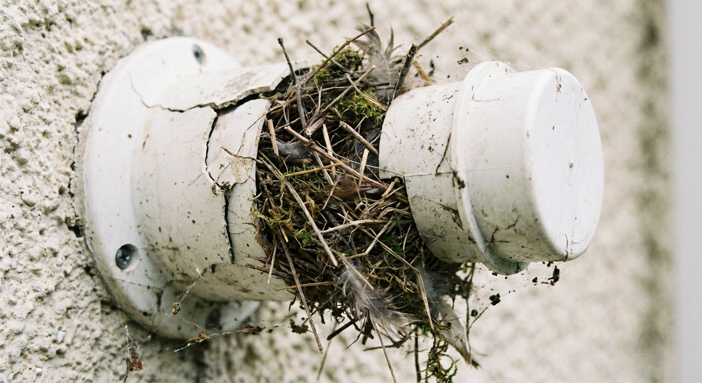 A real close-up photo of a white plastic vent termination partially blocked by small twigs and nesting material
