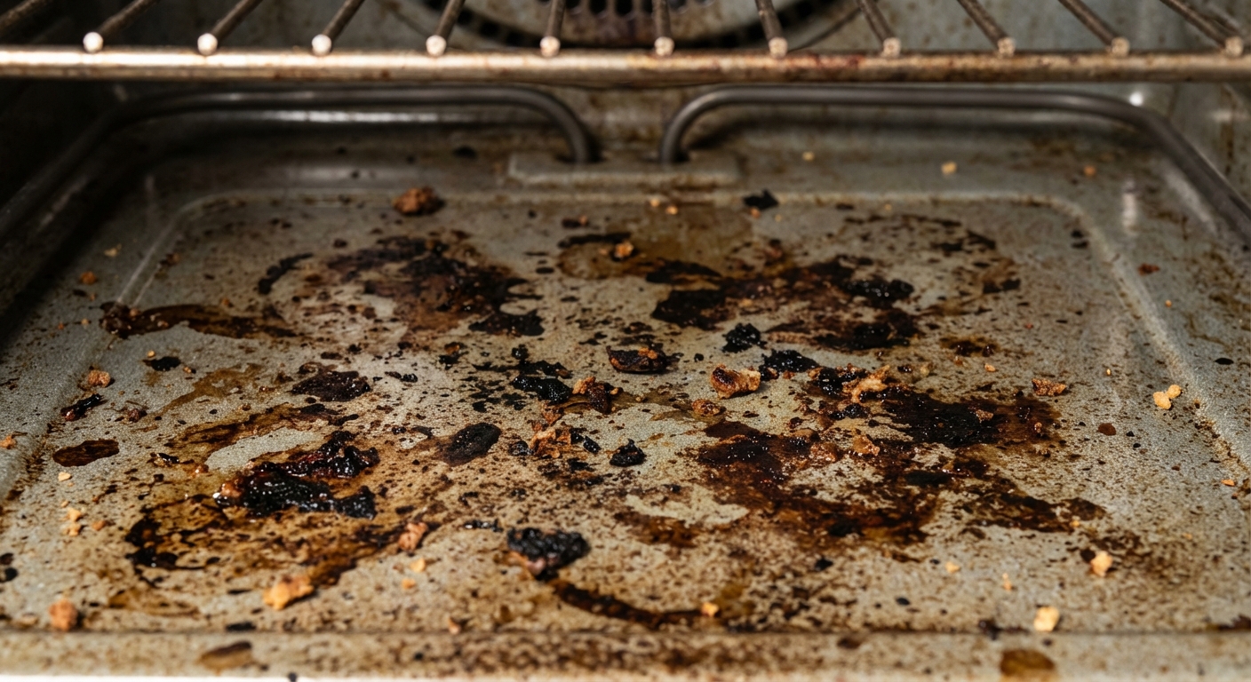 A real close-up photo of an oven interior with visible baked-on grease spots and food residue on the oven floor