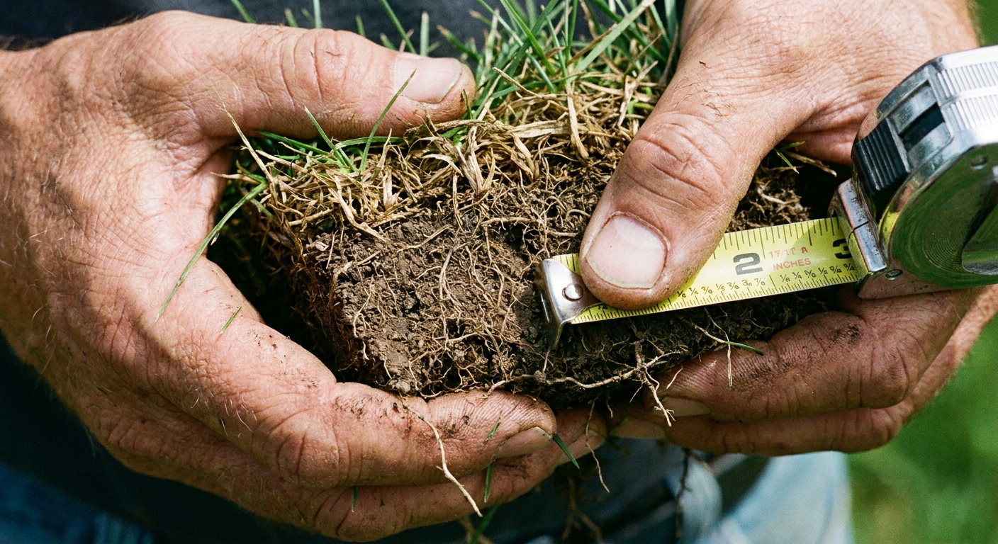 A real close-up photo of hands holding a small wedge of lawn showing the soil and thatch layer, with a tape measure checking thickness