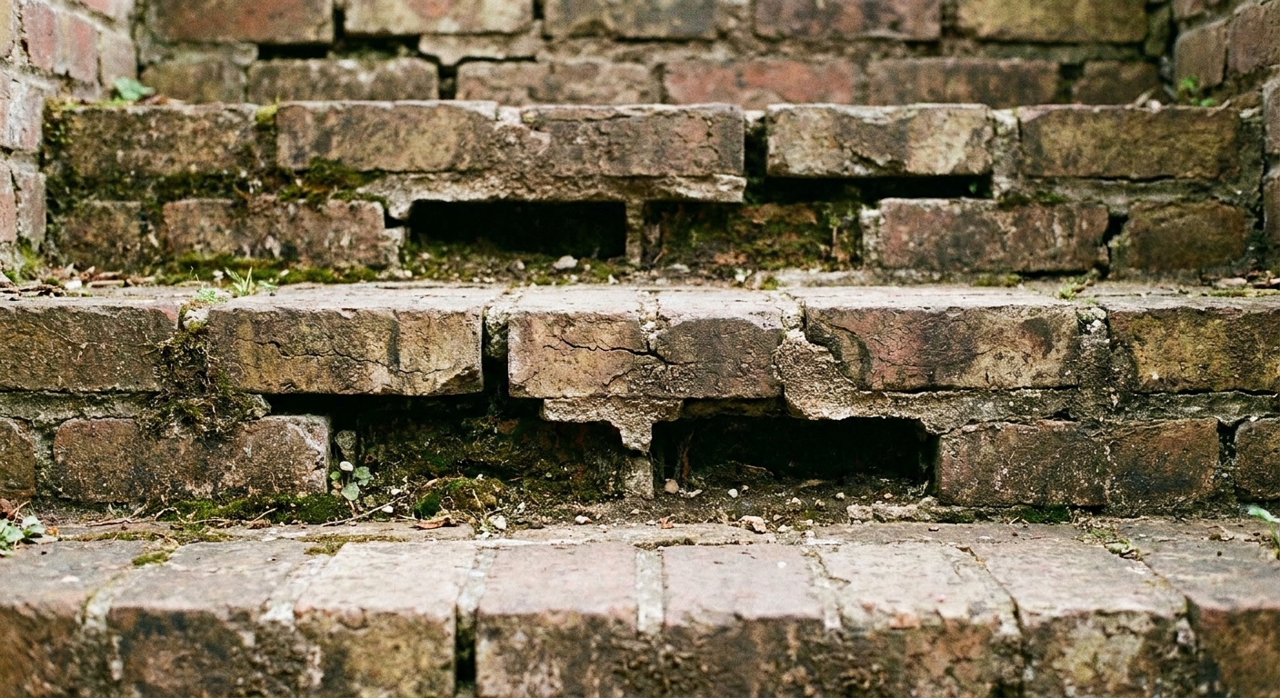 A real close-up photo of outdoor brick steps showing missing mortar in the joints and small voids between bricks