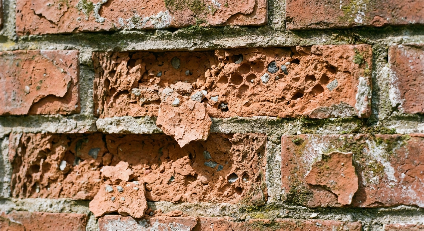 A real close-up photo of spalling bricks where the faces have flaked off, leaving rough pitted brick surfaces along an exterior wall