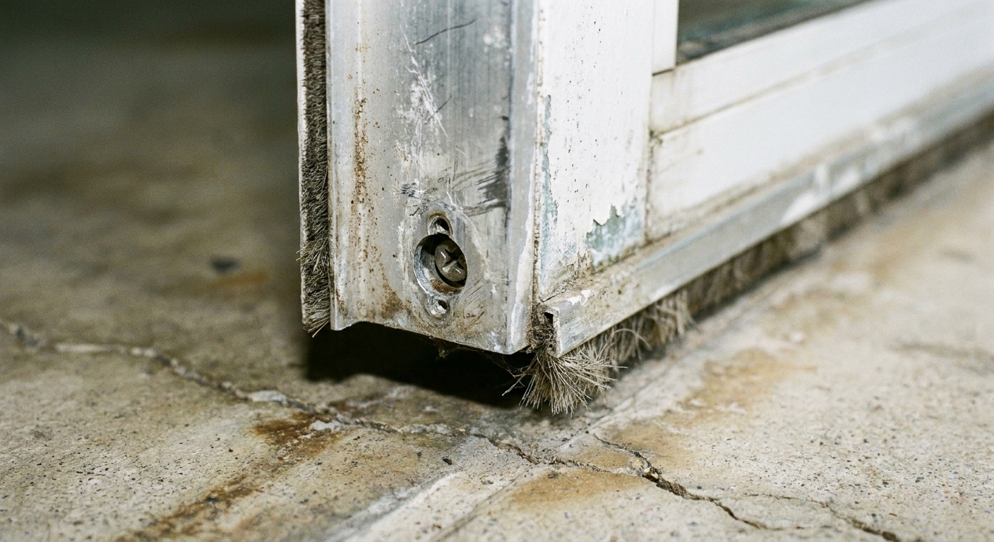 A real close-up photo of the bottom edge of a sliding patio door showing the roller adjustment screw hole near the corner