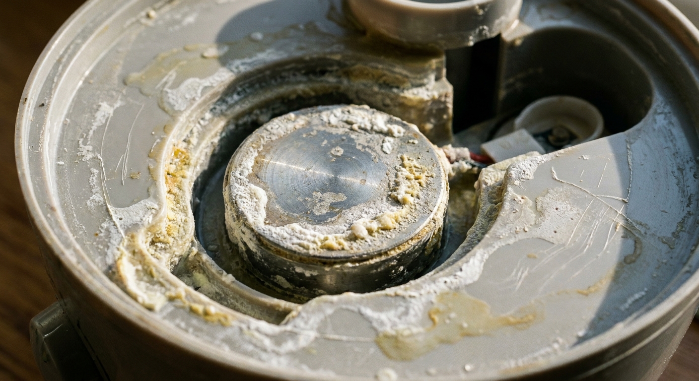 A real close-up photo of the round metal ultrasonic transducer disk inside a portable humidifier base with light mineral buildup visible
