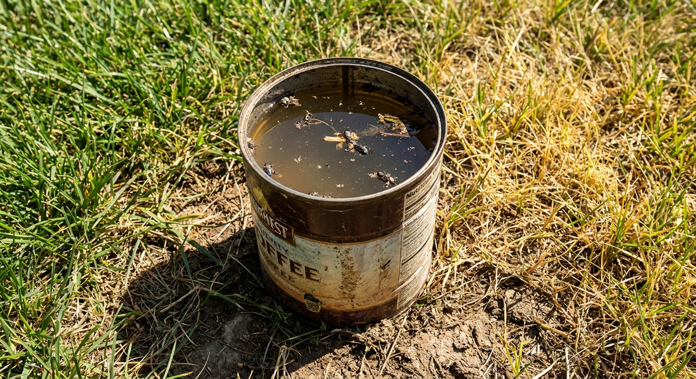 A real coffee can pushed into a lawn edge between green grass and yellowing grass, filled with water for a chinch bug float test in bright daylight