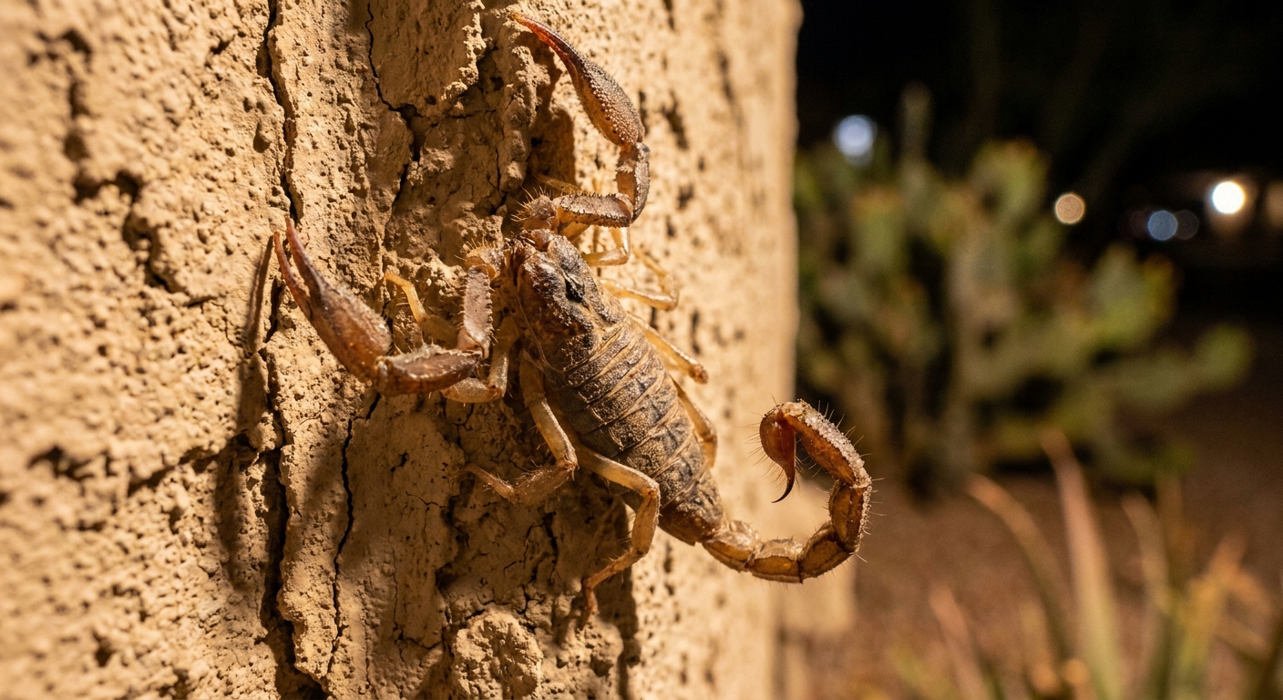 A real desert scorpion clinging to a rough stucco exterior wall at night, photographed close up with a shallow depth of field