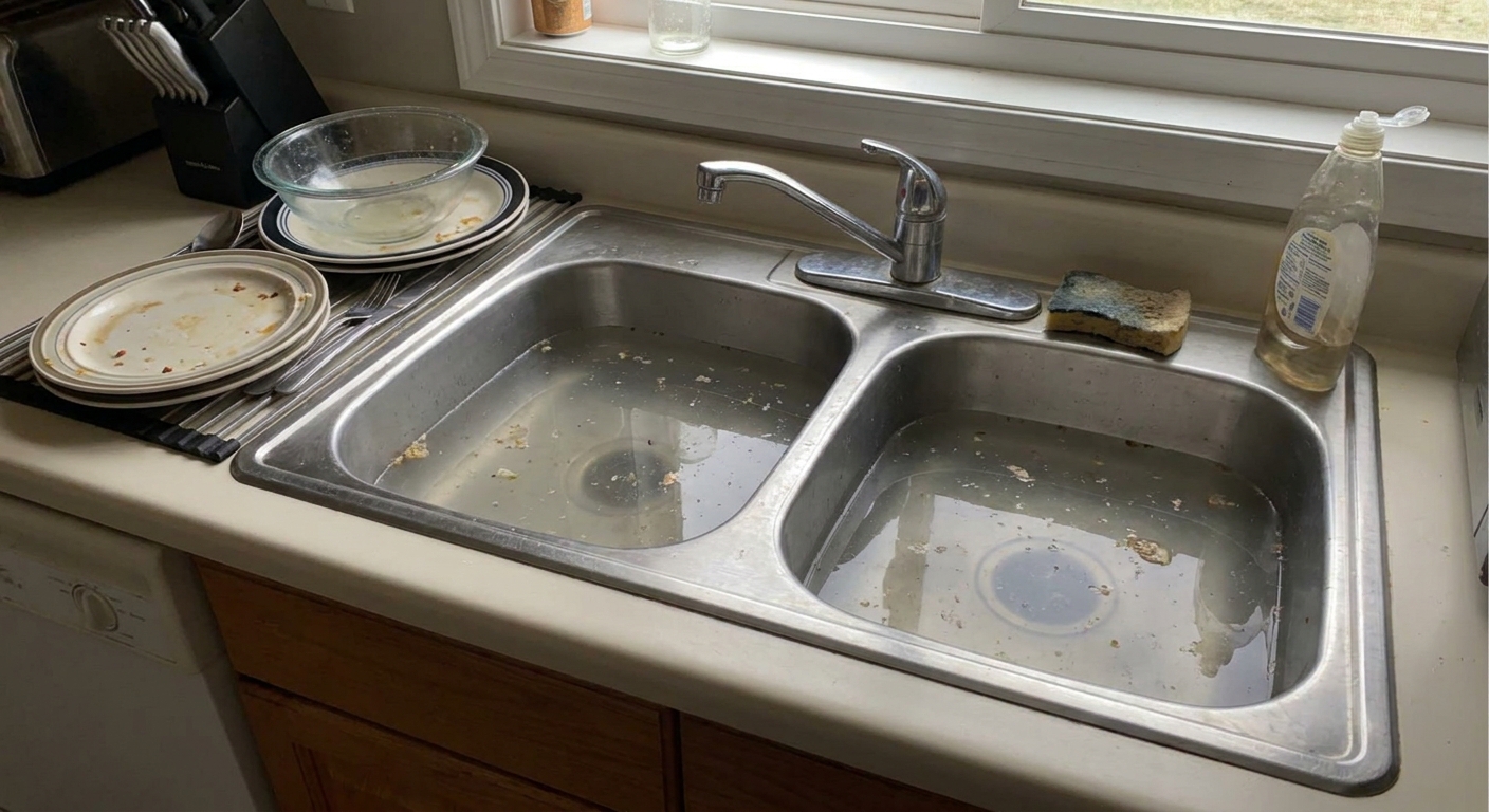 A real double-bowl stainless steel kitchen sink with cloudy standing water in both basins and a few dishes on the counter, indoor home photo
