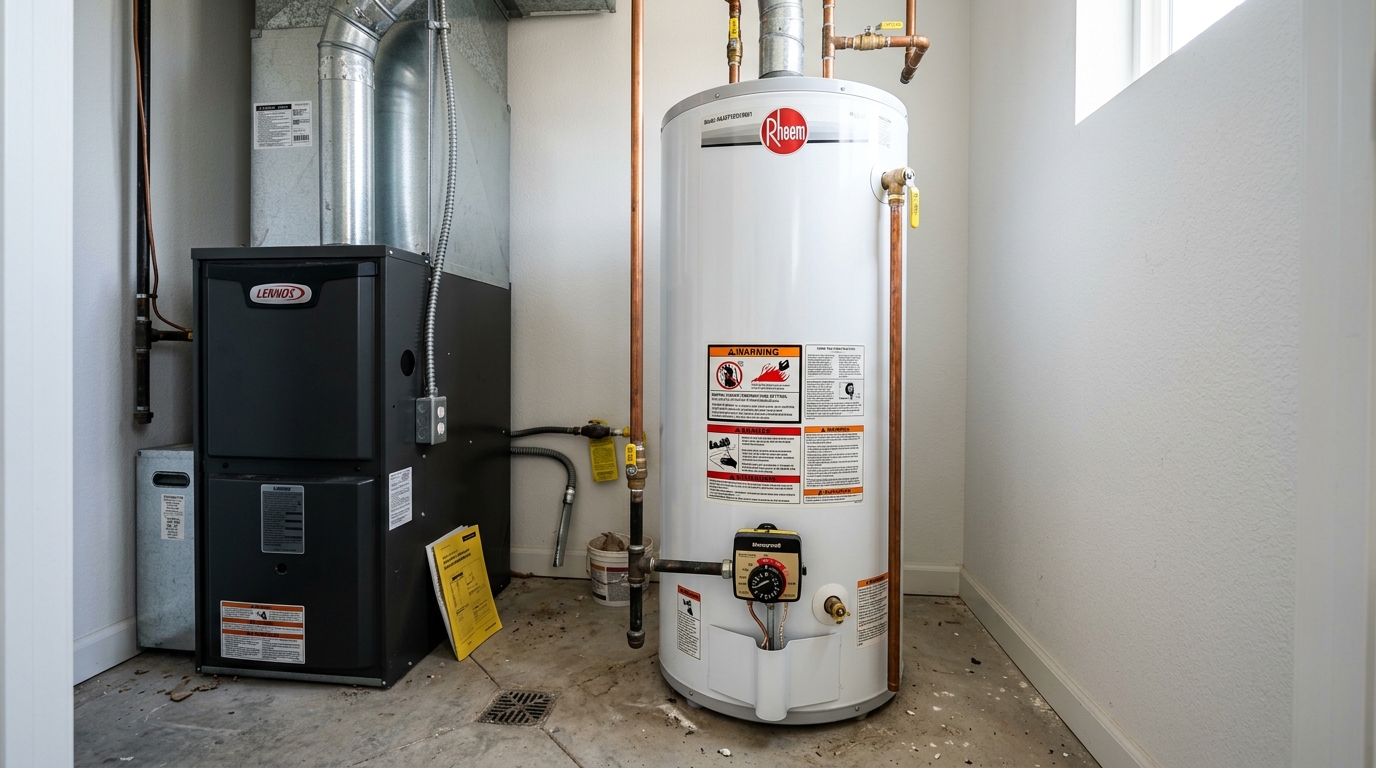 A real electric water heater in a basement with the small access panel removed, showing the insulation and thermostat area, natural indoor lighting