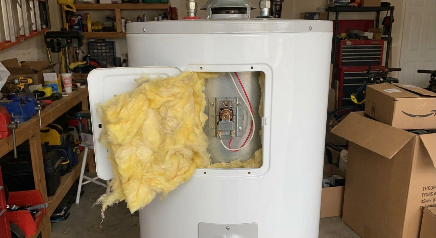 A real electric water heater in a garage with the upper access panel cover removed, showing insulation pulled back and thermostat wiring visible