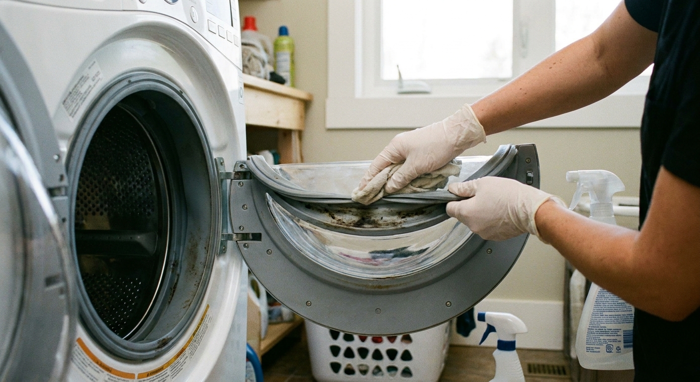 A real front-load washing machine with the door open while a person wipes the rubber door gasket with a cloth, focusing on mildew-prone folds