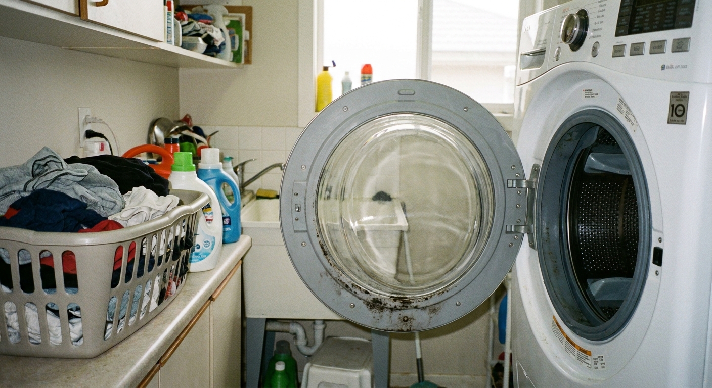 A real front-load washing machine with the door open, showing a rubber door gasket with visible mildew spots near the bottom fold in a laundry room