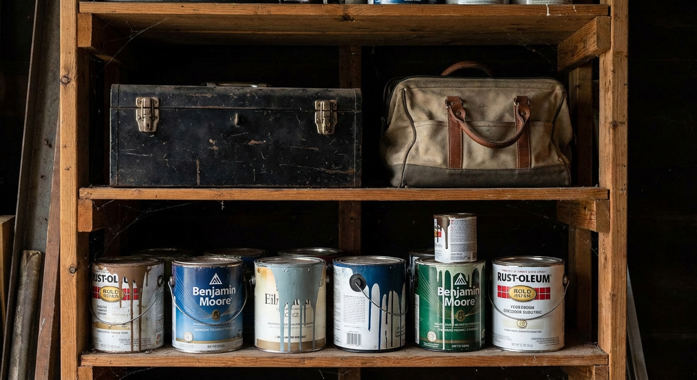 A real garage shelf with a small black toolbox and a fabric tool bag neatly stored beside paint cans