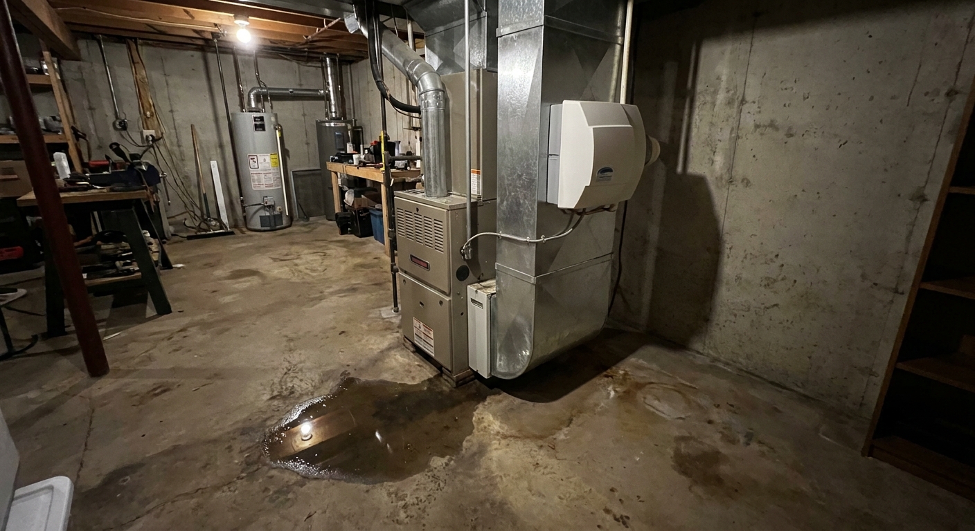 A real home basement mechanical room with a forced-air furnace and a mounted whole-house humidifier on the supply duct, with a small puddle of water visible on the concrete floor near the unit