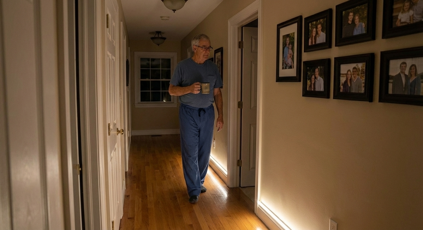 A real home hallway at night with a soft, low motion-sensor LED strip light glowing along the baseboard, showing clear walking visibility without harsh overhead light