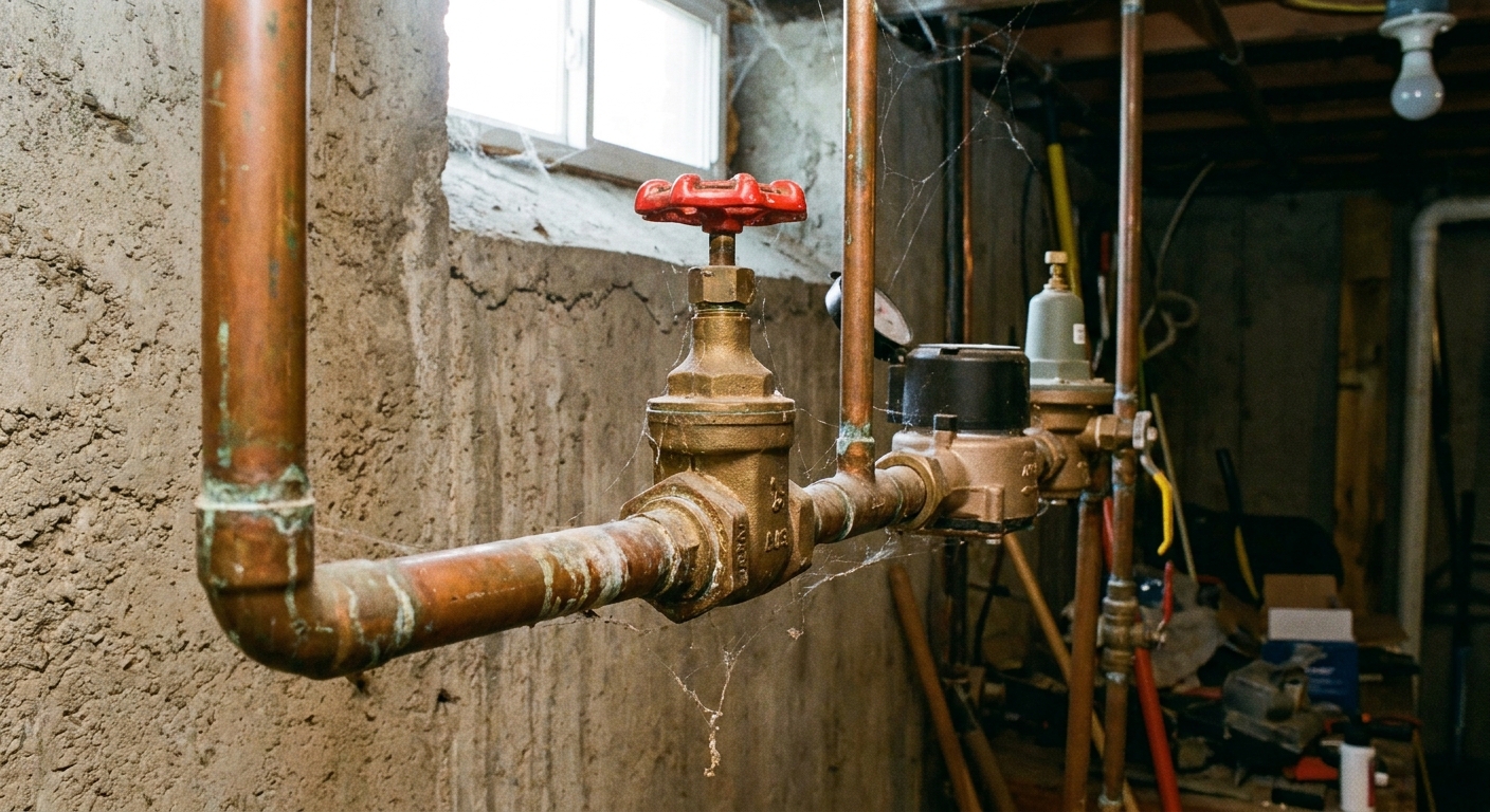 A real home main water shutoff valve on a copper pipe near a foundation wall, photographed indoors