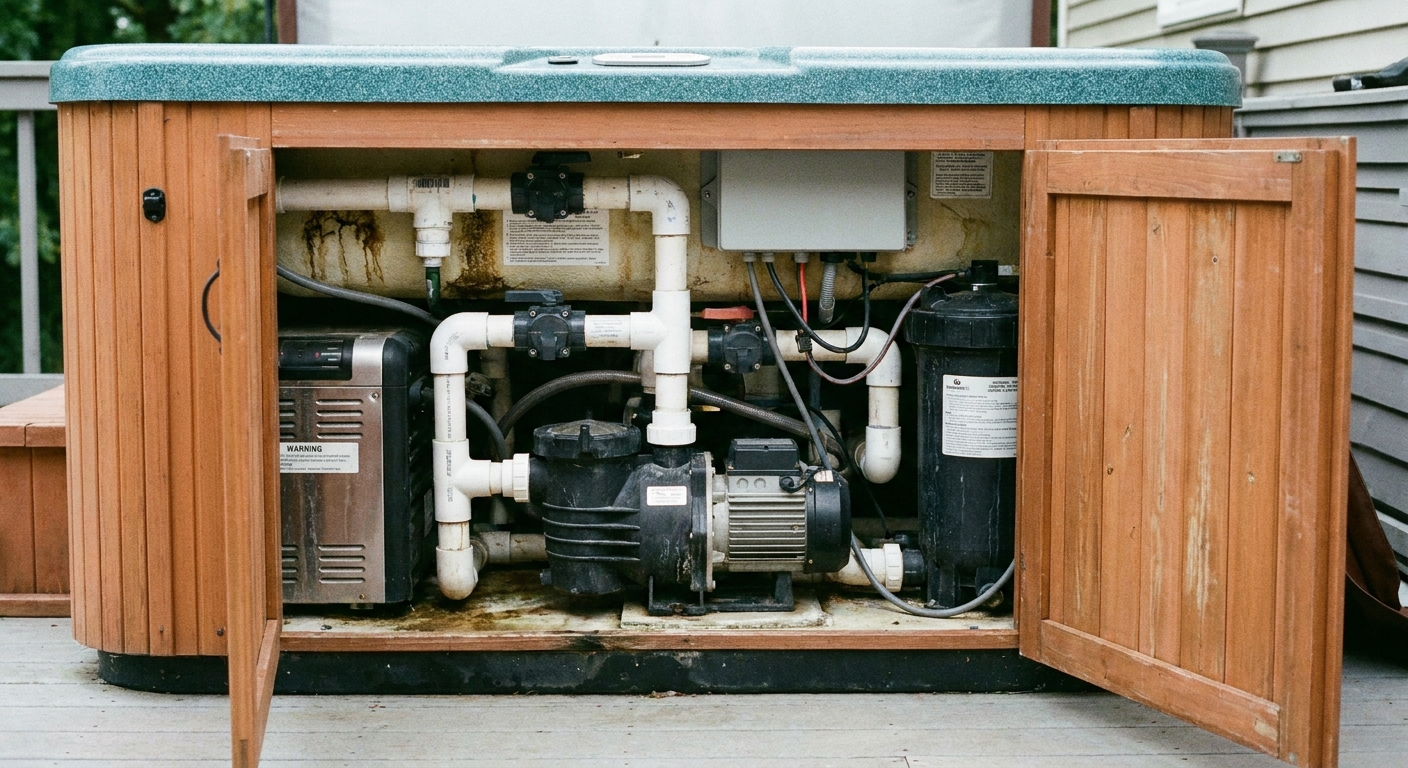 A real hot tub equipment compartment with the circulation pump and plumbing visible, photographed with the cabinet door open