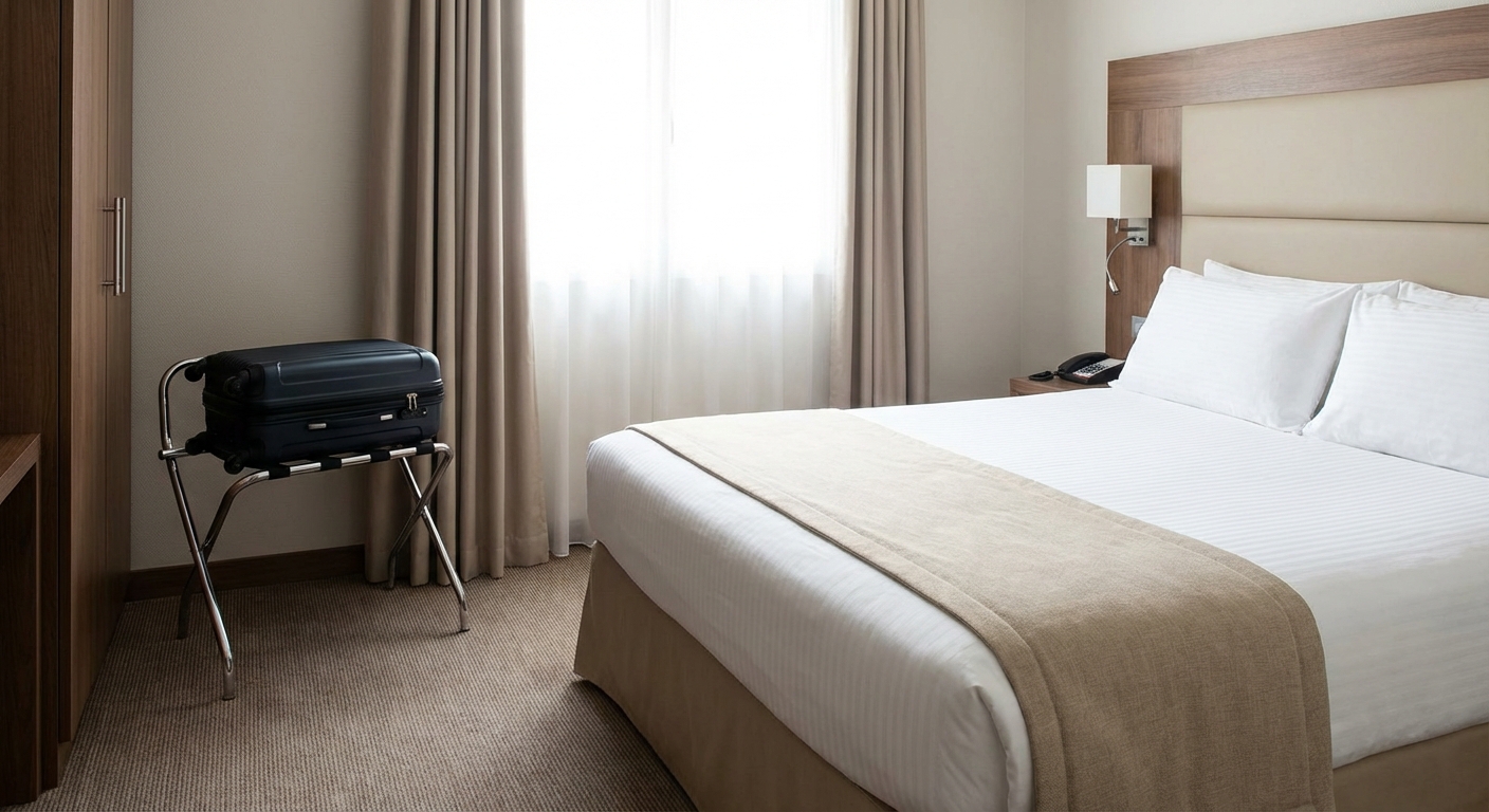 A real hotel room scene with a suitcase placed on a metal luggage rack away from the bed, neutral lighting and tidy bedding