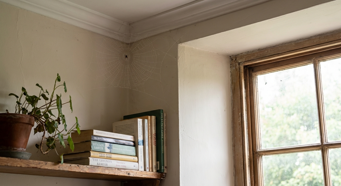 A real indoor corner of a home with a small spider web in the upper wall corner near a window frame, natural daylight, photorealistic