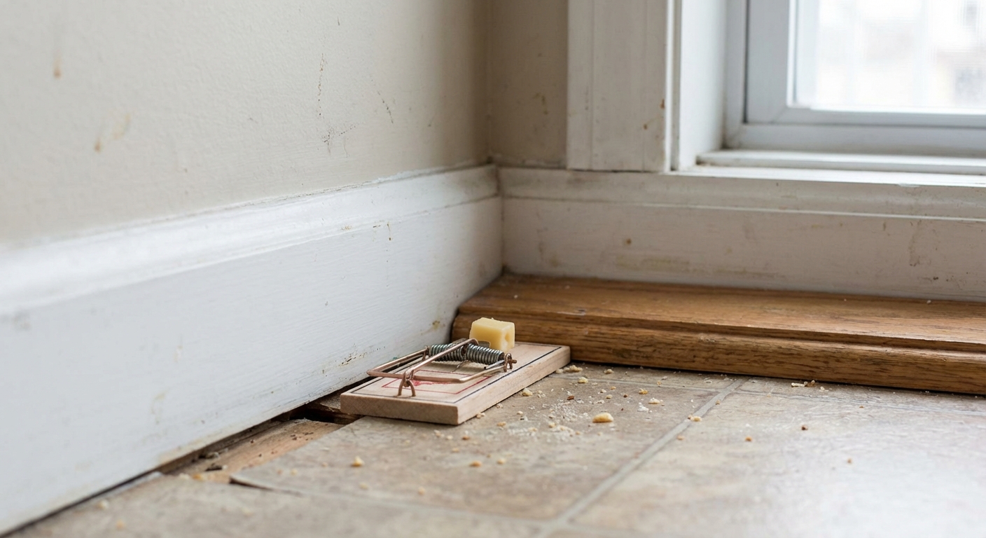 A real kitchen baseboard corner with a wooden snap trap set flush against the wall near a small gap, natural indoor lighting, photorealistic