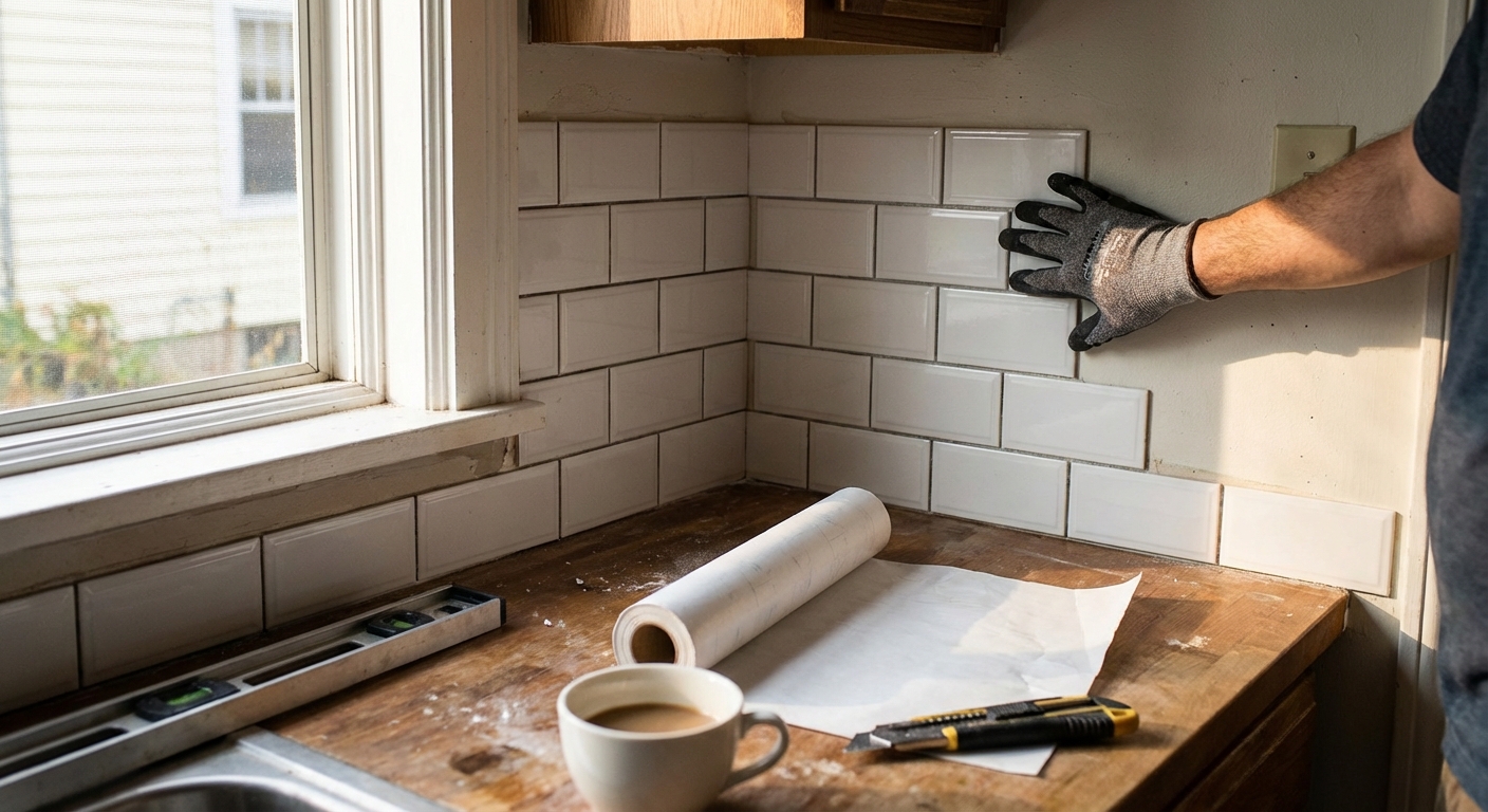 A real kitchen counter with a subway-style peel-and-stick backsplash partially installed, a hand pressing a tile sheet flat near a corner, natural window light, photorealistic home renovation scene