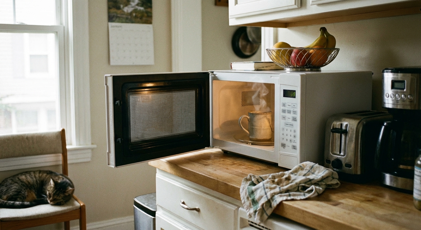 A real kitchen countertop microwave with the door open and a mug inside, photographed in natural window light, showing a typical home setting