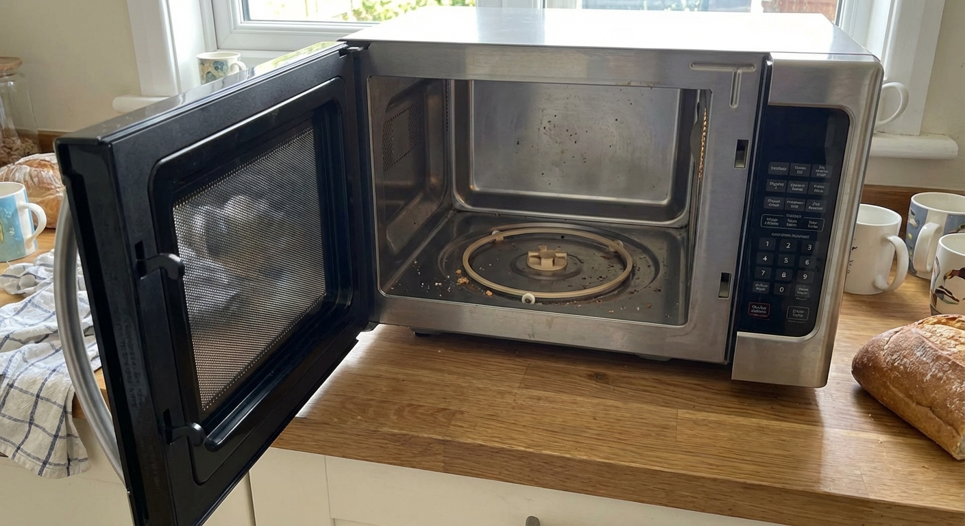 A real kitchen countertop microwave with the door open and the glass turntable removed, showing the turntable hub area on the floor of the microwave, natural indoor lighting, photorealistic