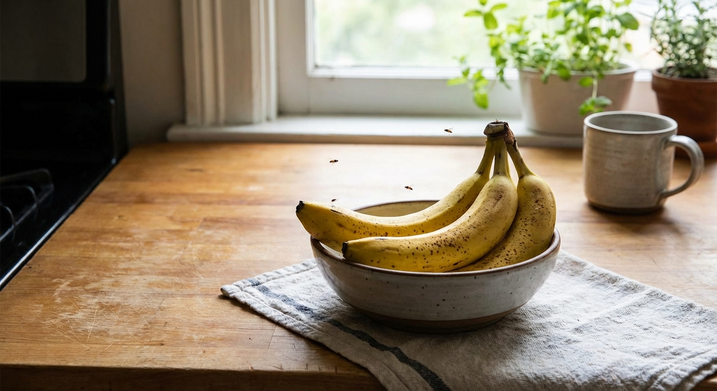 A real kitchen countertop with a small bowl of bananas and a few tiny fruit flies hovering near the fruit, natural indoor light, photorealistic