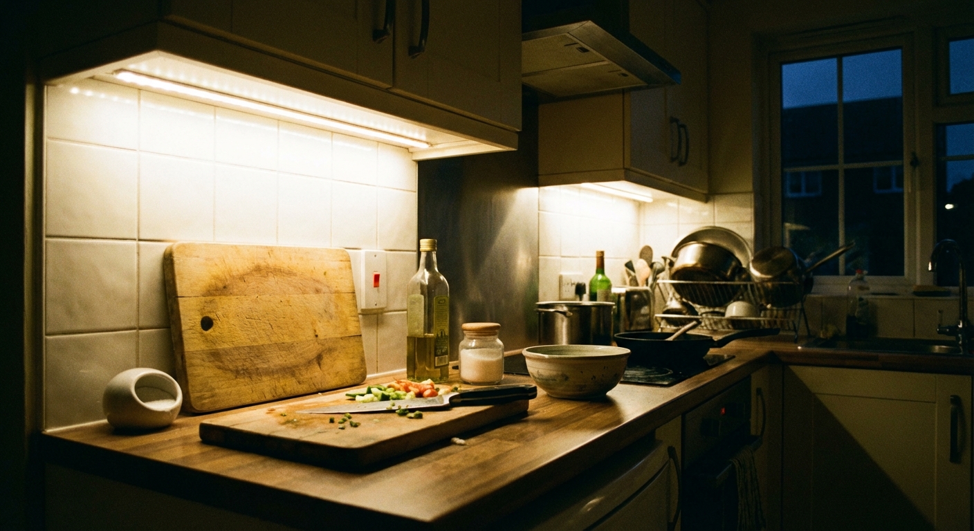 A real kitchen countertop with warm white under-cabinet lights turned on, illuminating a cutting board and knife near the backsplash, evening indoor photo