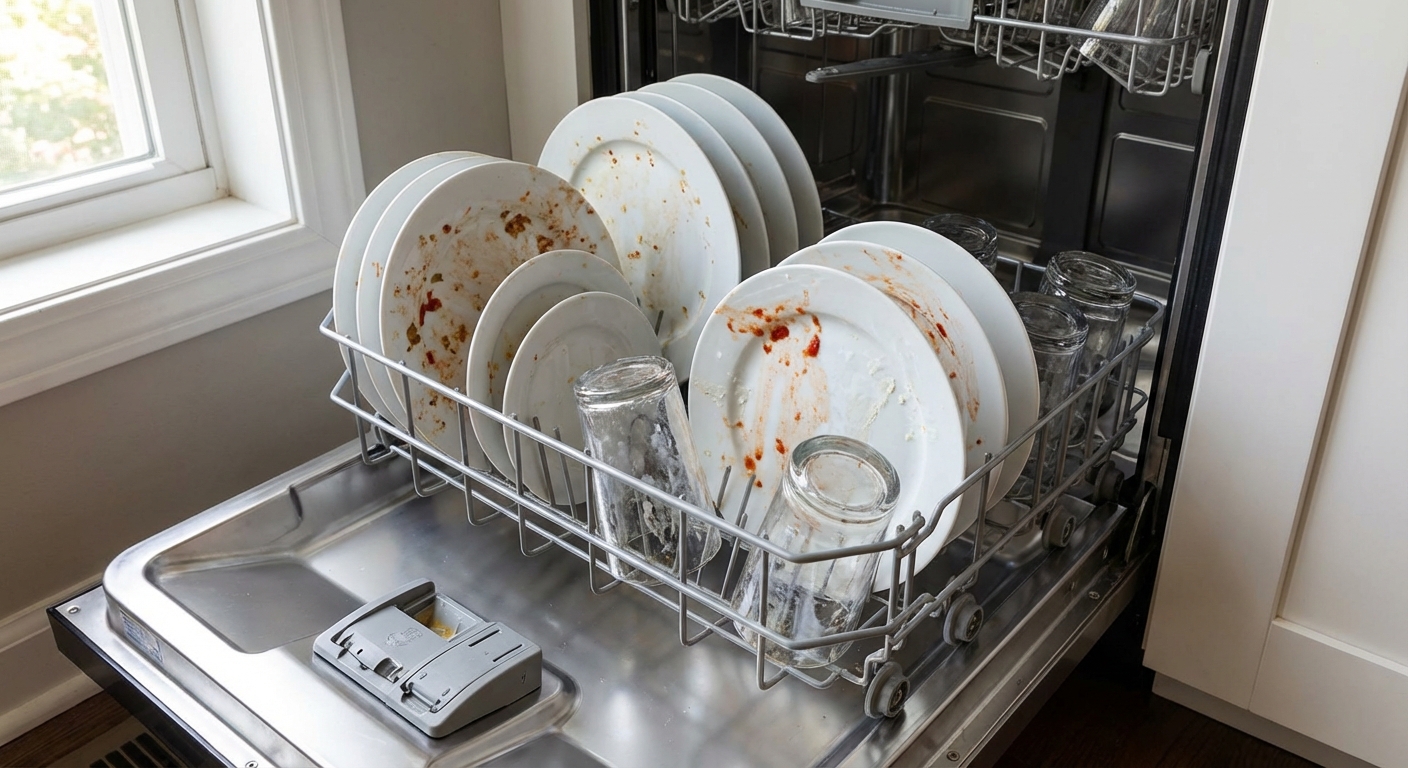 A real kitchen dishwasher door open with a lower rack pulled out, showing plates and glasses that still have dried food bits and cloudy spots after a wash, natural indoor lighting, photorealistic