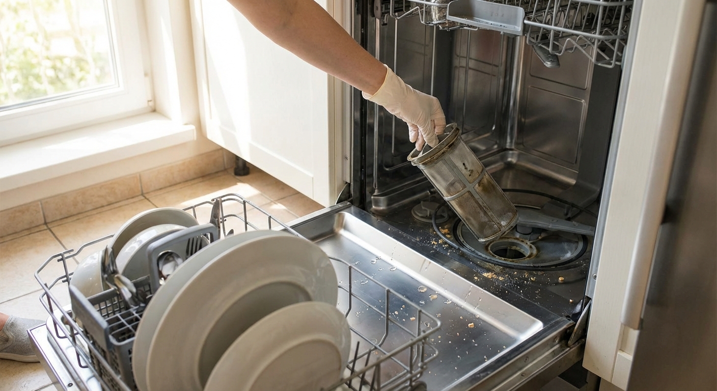 A real kitchen dishwasher with the bottom rack pulled out while a hand lifts a cylindrical dishwasher filter from the sump area, natural window light, realistic home photo