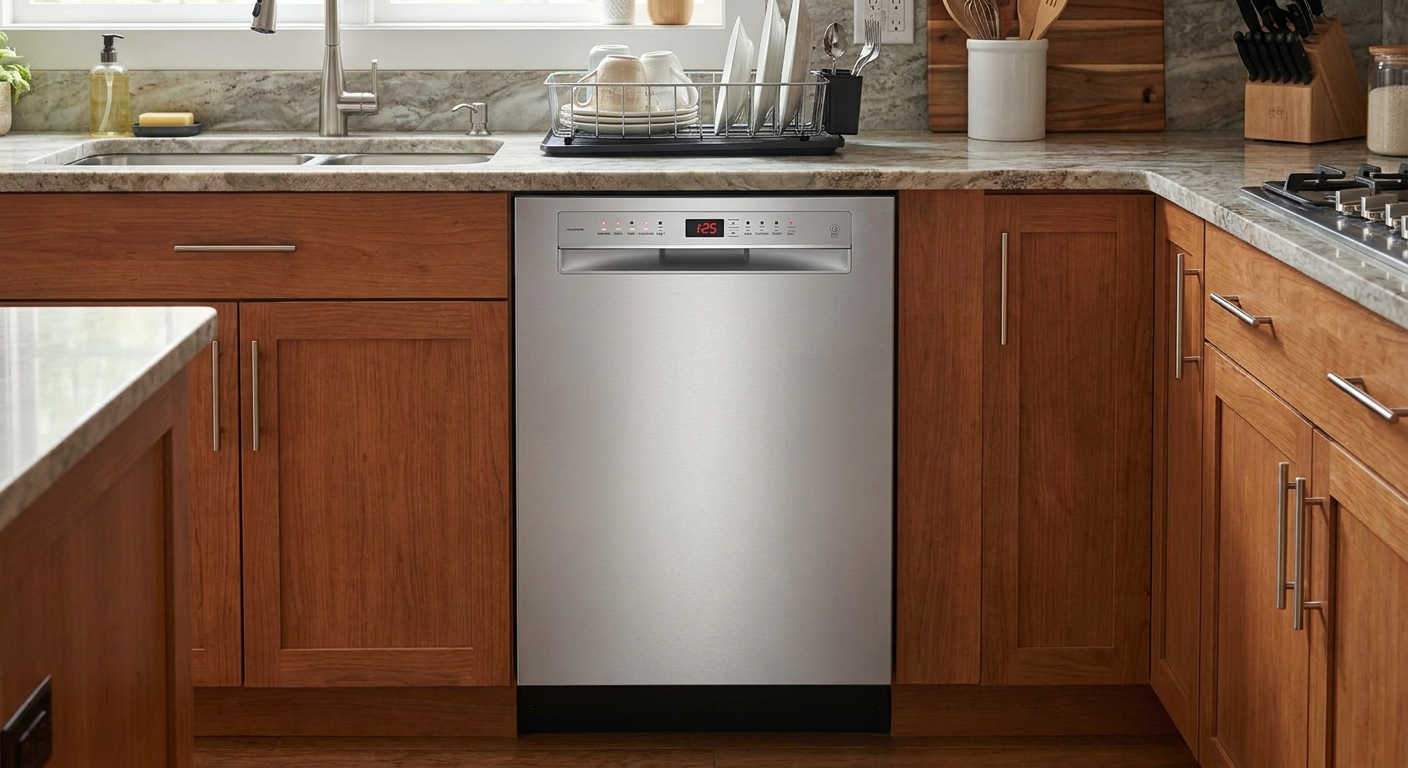 A real kitchen dishwasher with the door closed, showing a control panel with multiple indicator lights blinking, photographed straight-on
