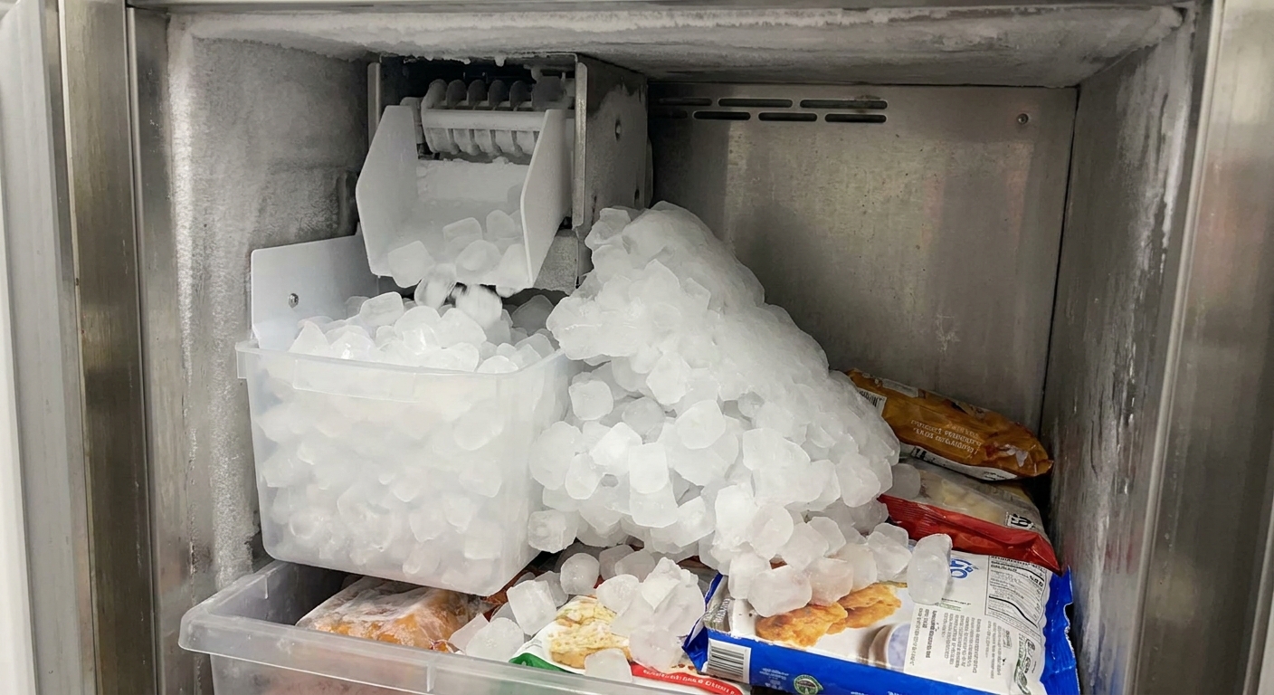 A real kitchen freezer with an ice maker dumping cubes into an overfilled ice bin, cubes piled high and pressing against the ice maker housing