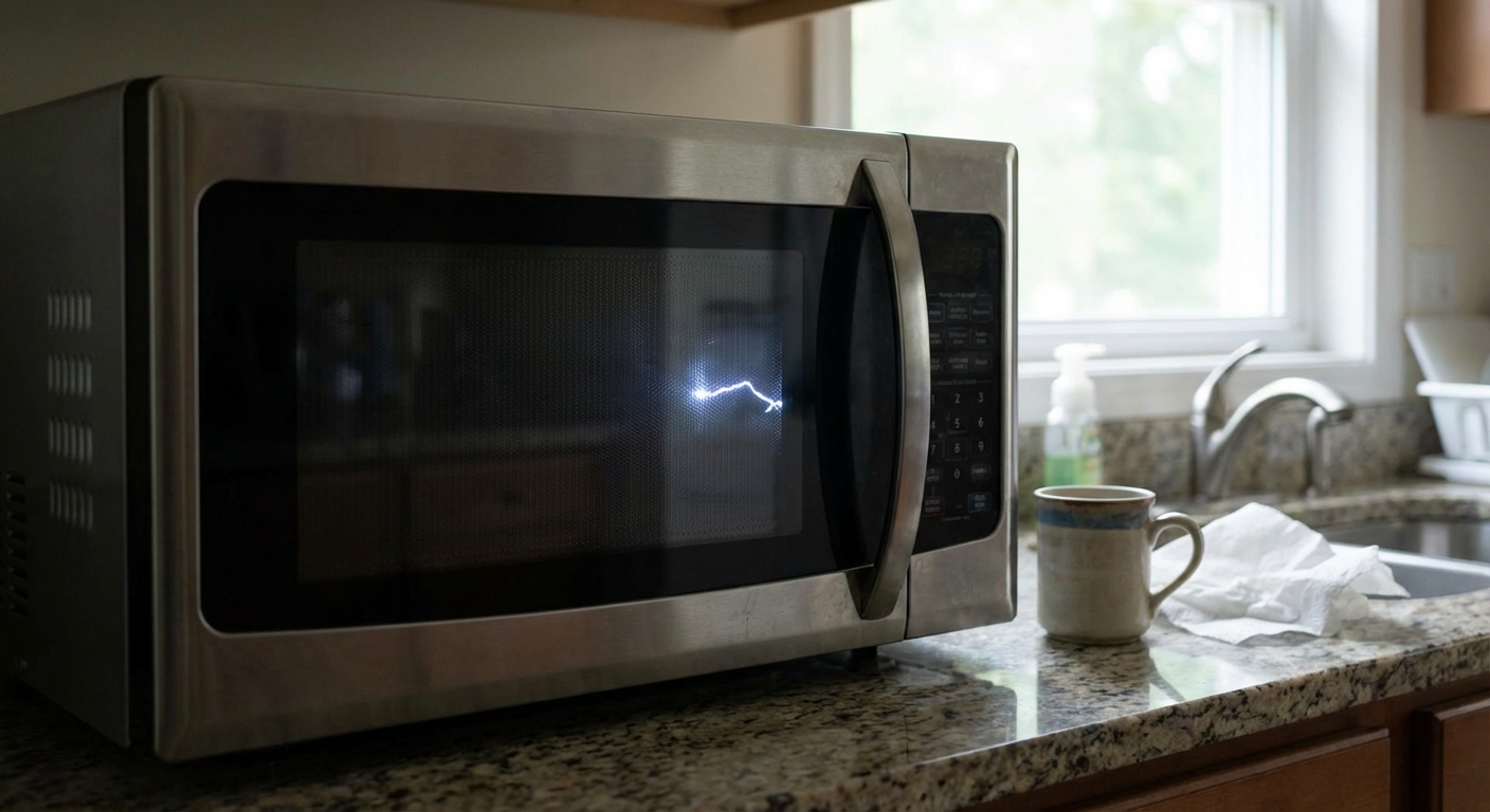 A real kitchen microwave on a countertop with the door closed, a small visible spark inside the cooking cavity, natural indoor lighting, photorealistic