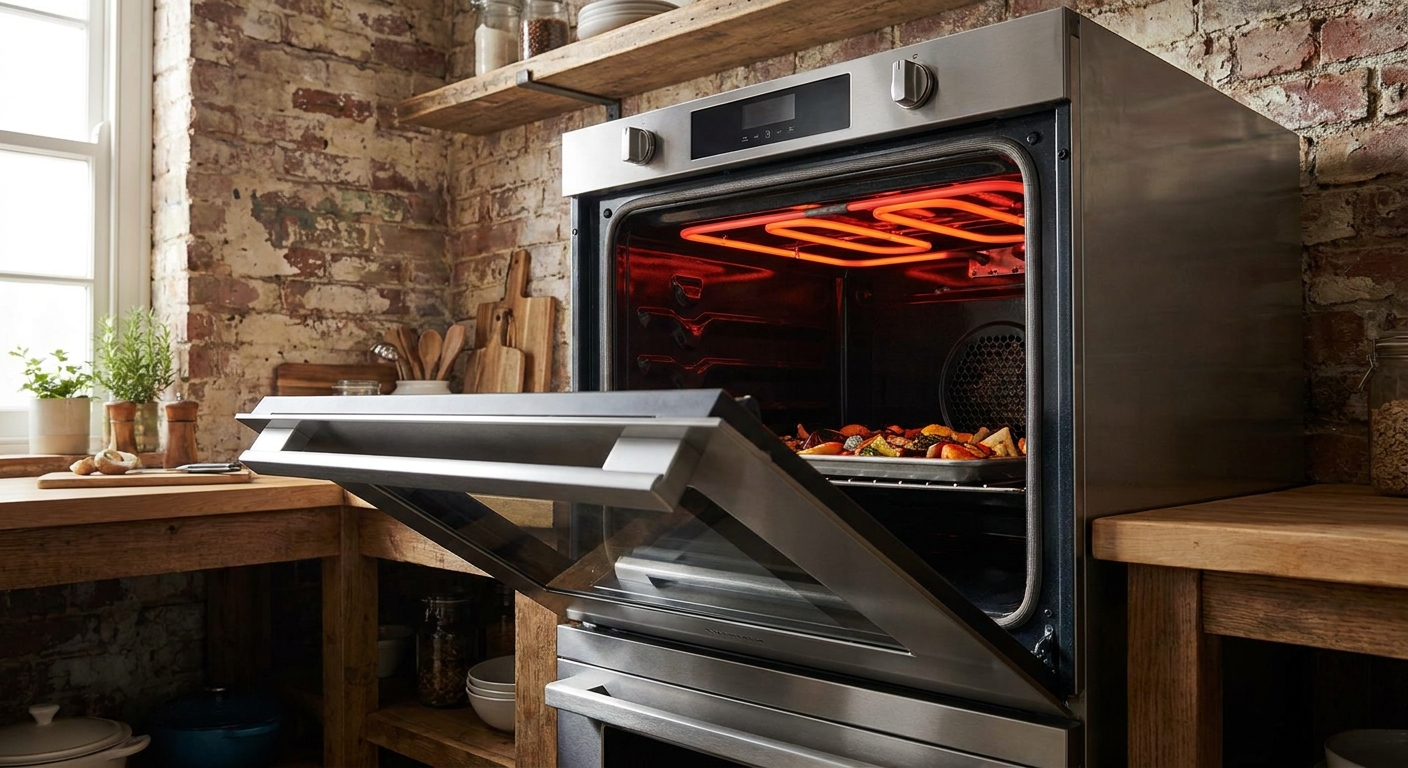 A real kitchen oven with the door partially open and the top broiler element glowing red inside the oven cavity