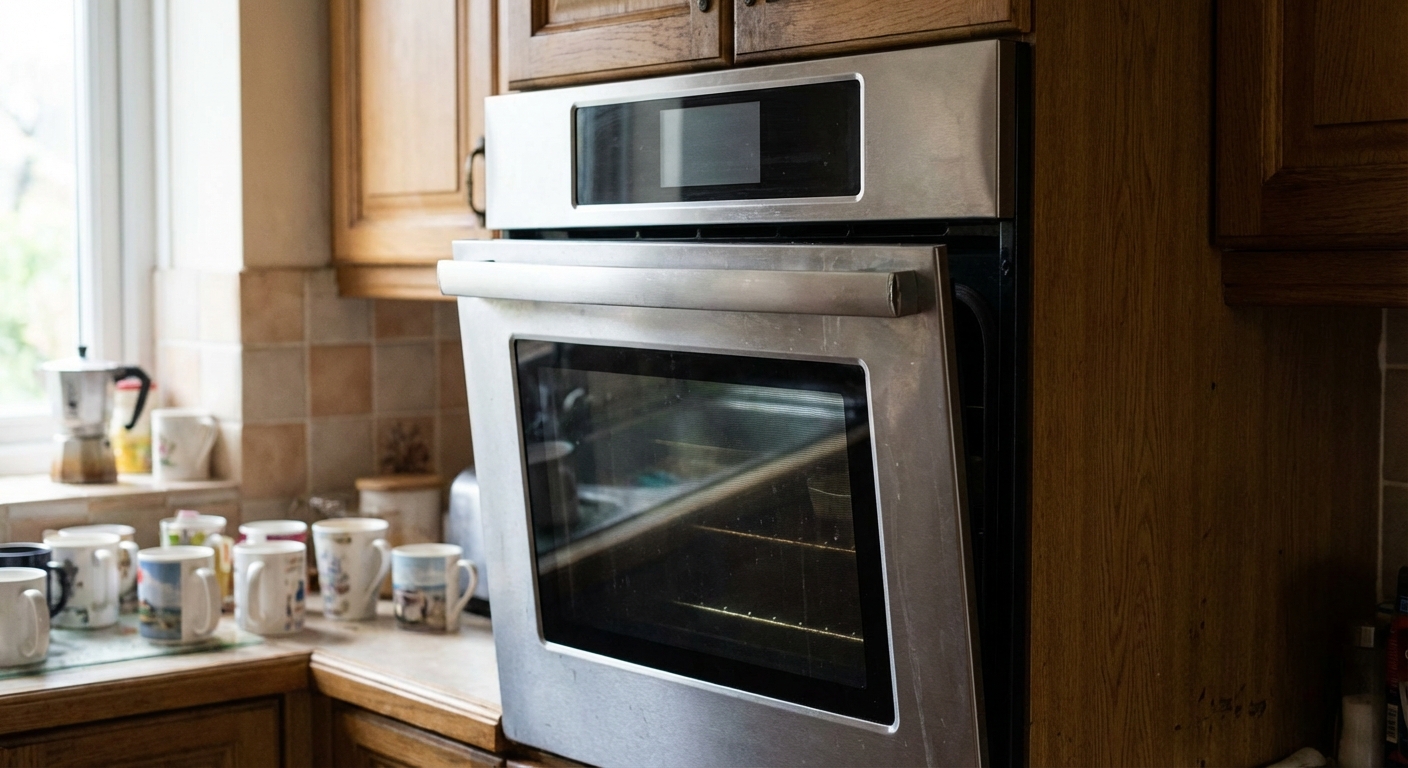 A real kitchen oven with the door slightly open and uneven, showing a visible gap along one side while the control panel is off, natural indoor lighting, photorealistic