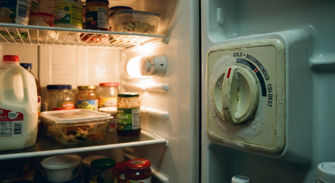 A real kitchen refrigerator interior with the temperature control dial visible on the side wall, lit by the fridge light, close-up photo