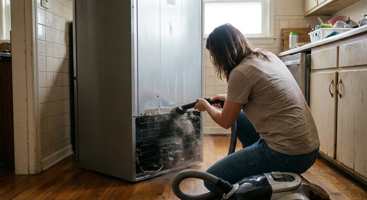 A real kitchen refrigerator pulled slightly away from the wall with a homeowner vacuuming dusty condenser coils near the bottom rear of the unit, natural indoor light, photorealistic