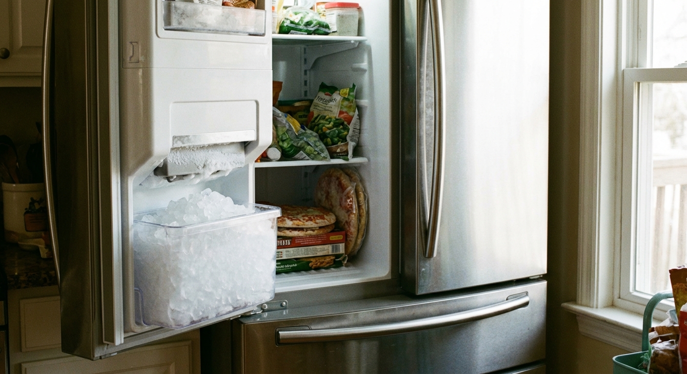 A real kitchen refrigerator with the freezer door open, showing a built-in ice maker and ice bin in natural indoor light, photorealistic home appliance photo
