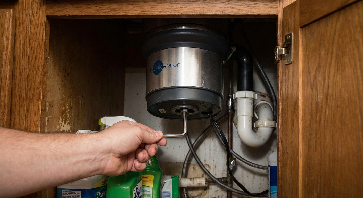 A real kitchen sink cabinet with a garbage disposal installed, while a hand holds an Allen wrench inserted into the hex socket on the bottom of the disposal, close-up photo
