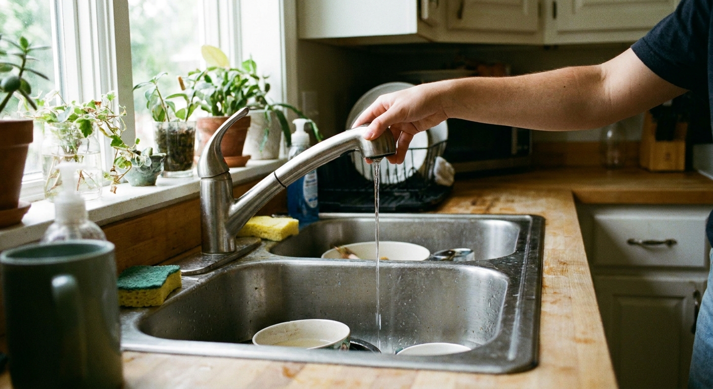 A real kitchen sink with a pull-out sprayer held over the basin while a small, weak stream of water sprays out, natural indoor lighting