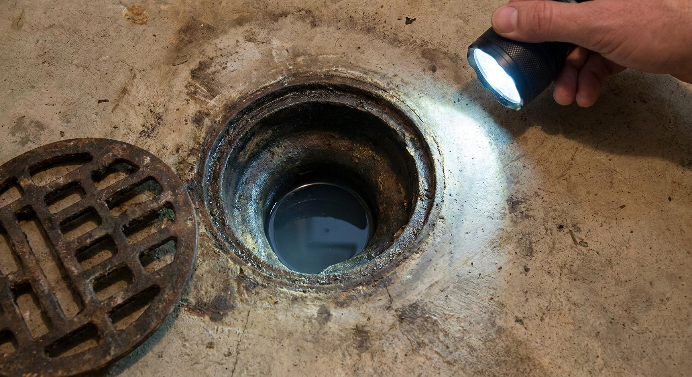 A real laundry room floor drain with the grate removed, showing the drain opening and a flashlight shining down to check if water is sitting in the trap