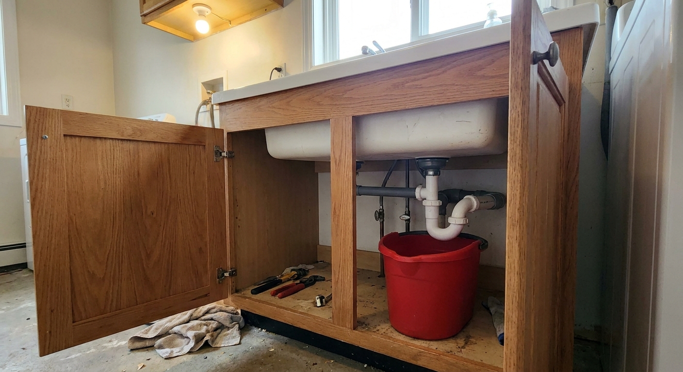 A real laundry room utility sink with the cabinet door open, showing a PVC P-trap under the basin with a bucket placed underneath, indoor home repair photo